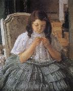 Mary Cassatt The girl is sewing in green dress USA oil painting artist
